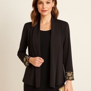 Joseph Ribkoff Couture Women’s 8 Black Open Front Blazer  Gold Lace Cuff Glam